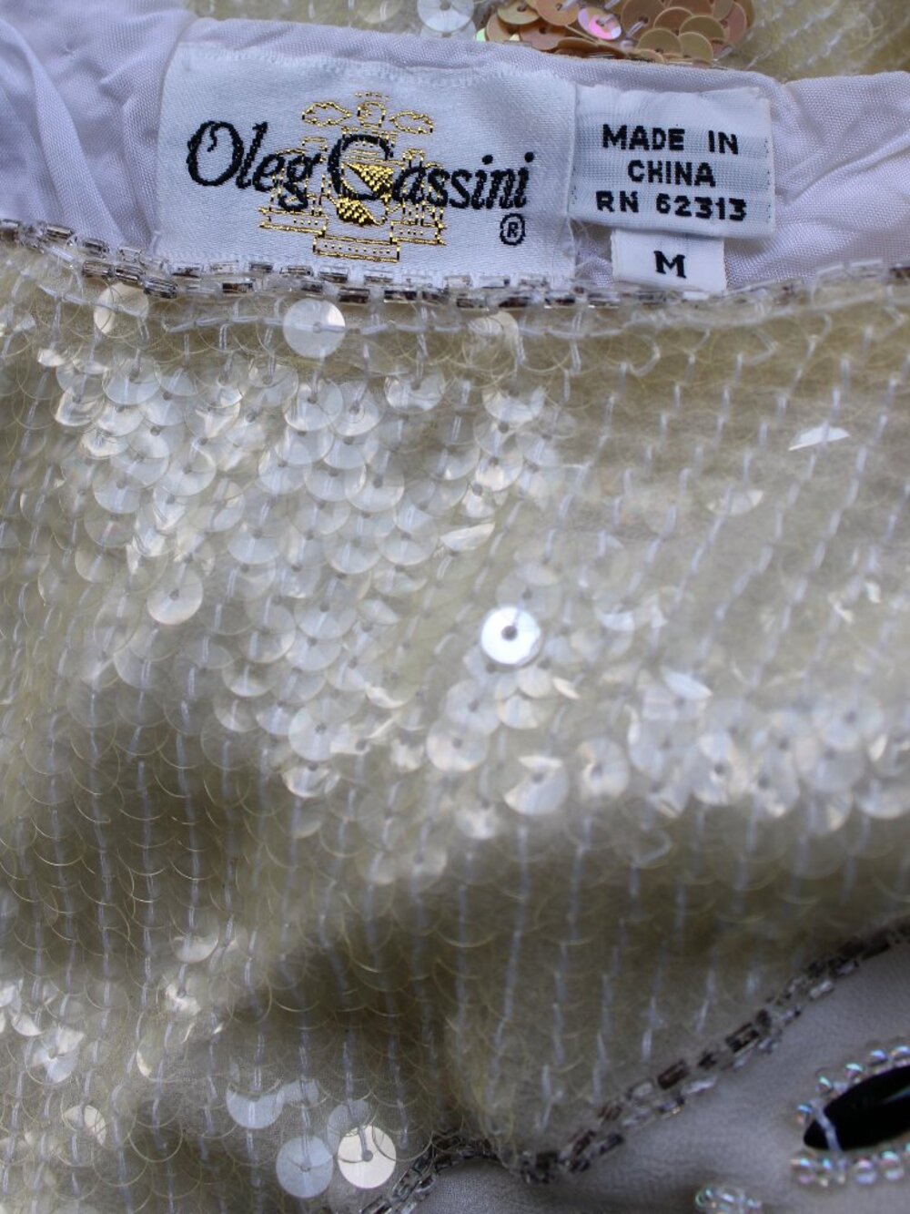 Oleg Cassini vintage 80s sequin beaded opalescent silver silk dress top tunic M - Picture 10 of 11